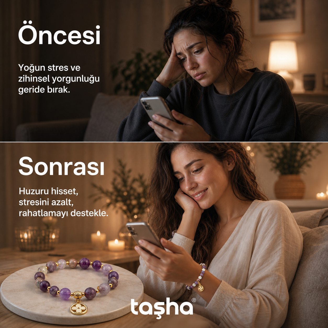 TAŞHA® Huzur & Stres Ametist Doğal Taş Bileklik