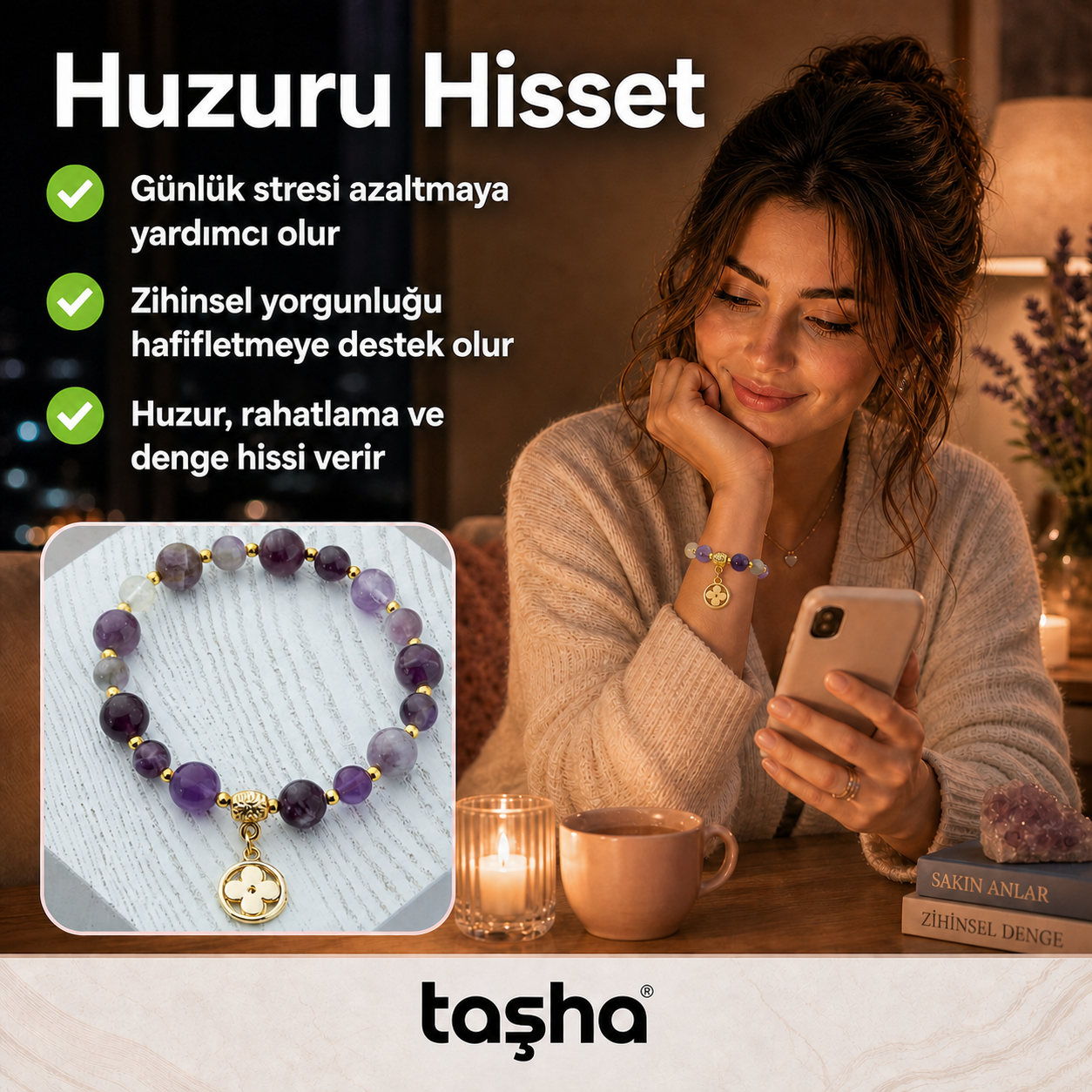 TAŞHA® Huzur & Stres Ametist Doğal Taş Bileklik