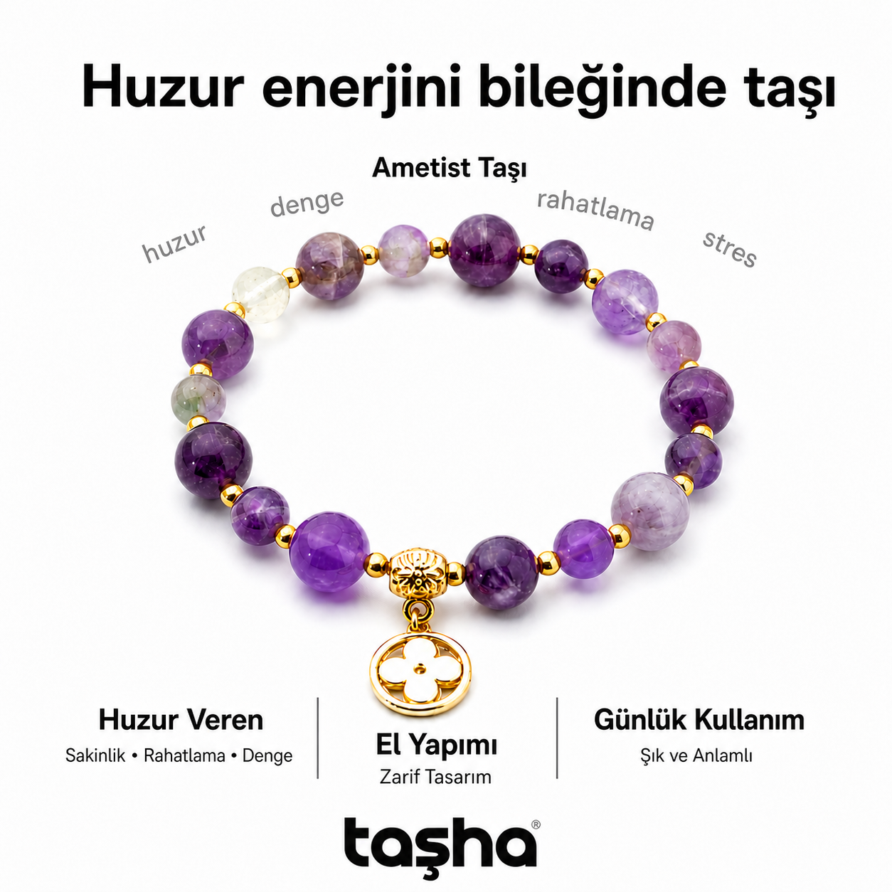TAŞHA® Huzur & Stres Ametist Doğal Taş Bileklik